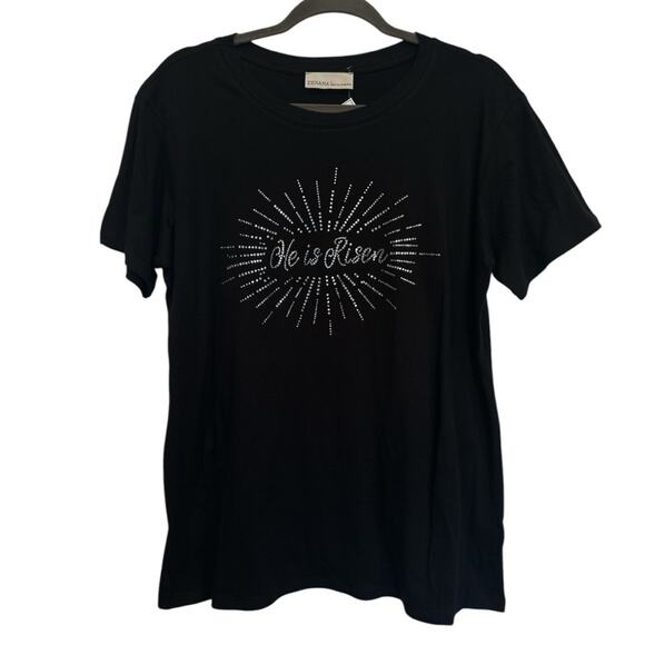 Rhinestone He Is Risen Easter T-Shirt Short Sleeve Black Tee NEW Sparkly! - Picture 2 of 4